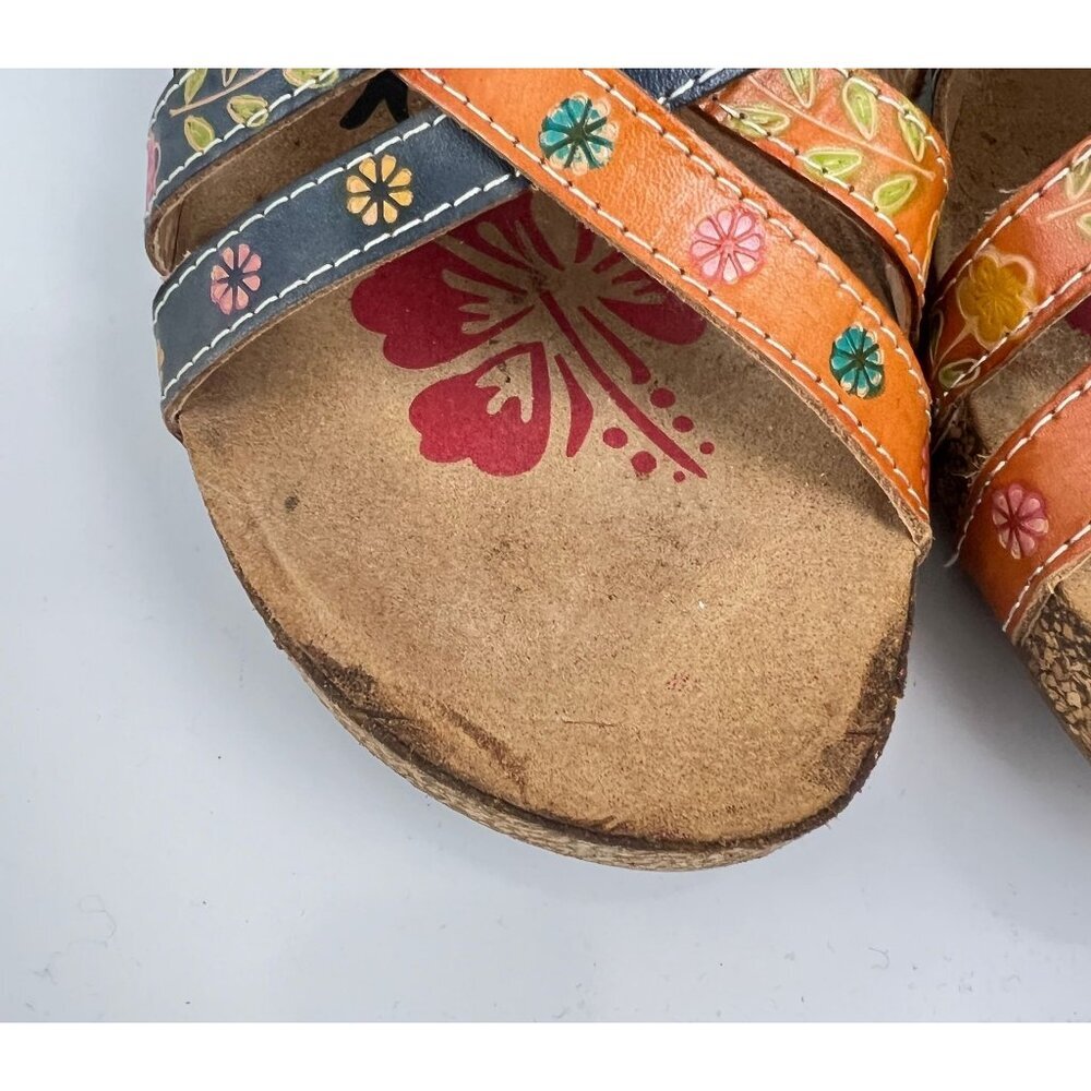 La Artiste Jadora  Women's Floral Embossed  Leather Sandals Blue & Orange 42 10. - Picture 3 of 9